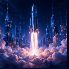 Rocket launch over a city