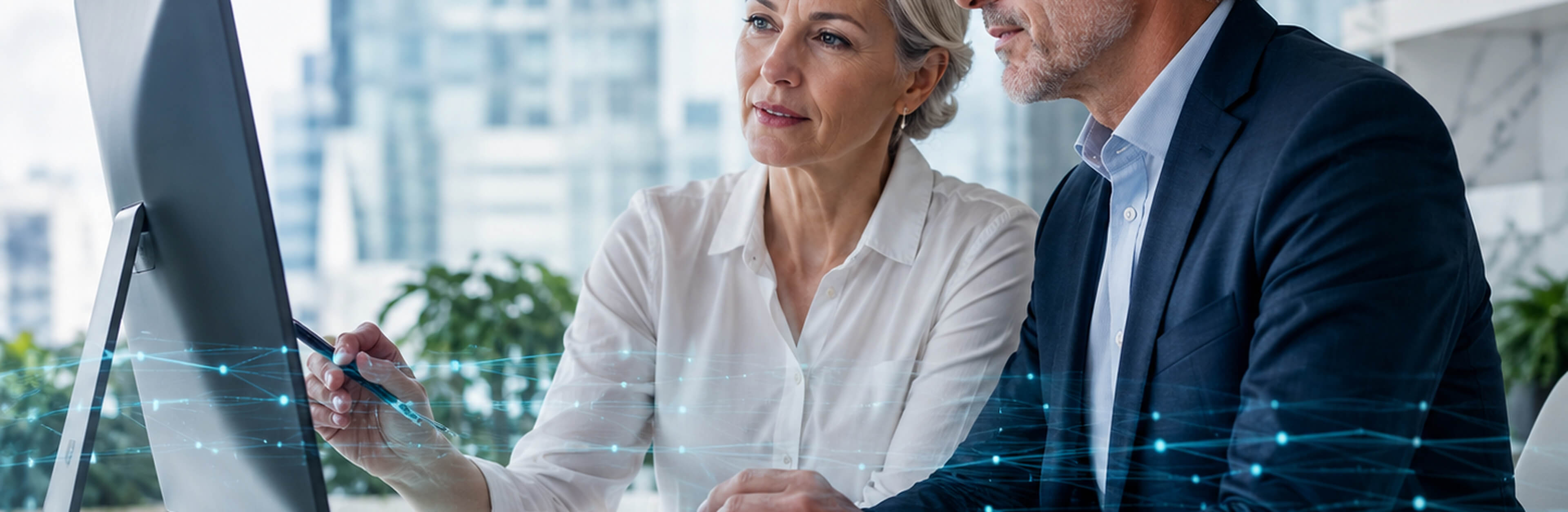 Two colleagues reviewing enterprise data on screen