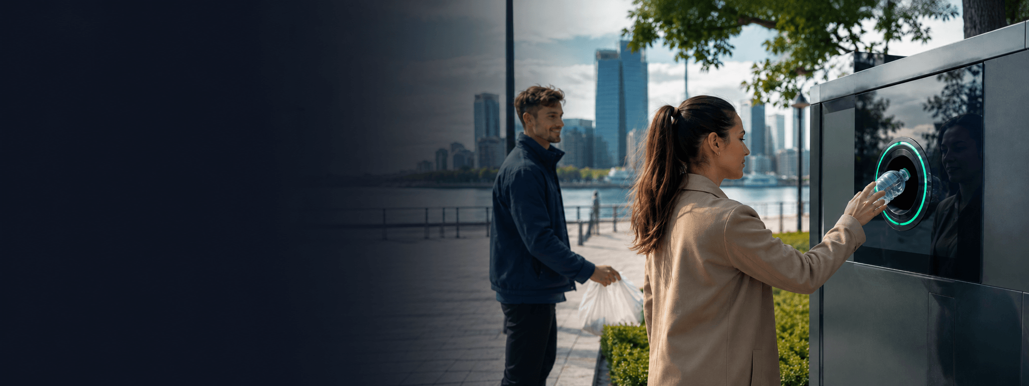 Residents using a smart council waste and recycling station on a city waterfront
